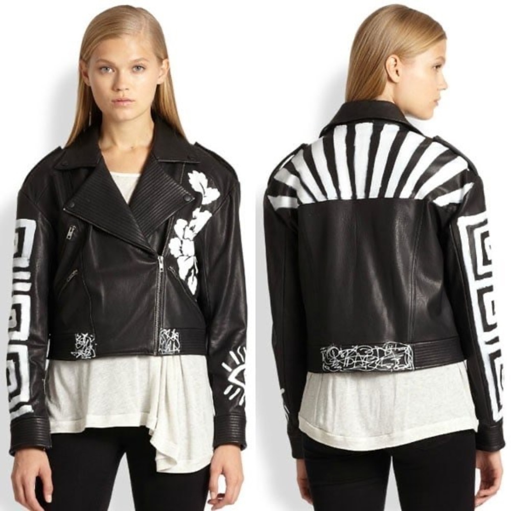 NWT Elizabeth and James Erwan Hand Painter Leather Biker Jacket Sz XS